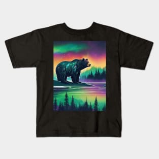 Brown Bear with Forest and Borealis, Colorful, Beautiful Kids T-Shirt